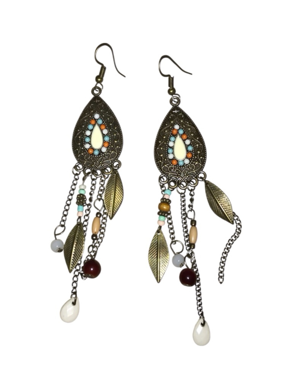 Vintage Bohemian Teardrop Dangle Earrings in Blue, Cream & Coral Beads